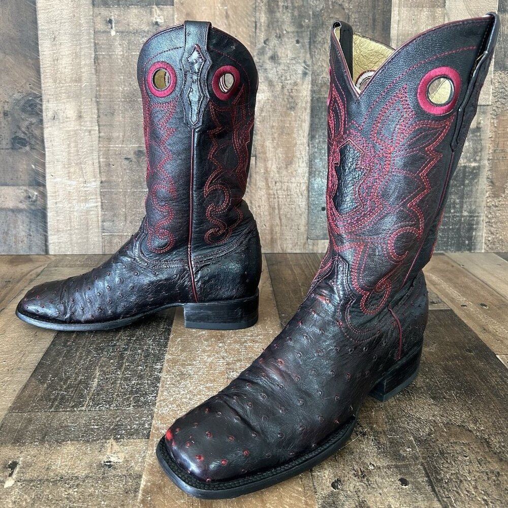 El General Full Quill Ostrich Square Toe Black Cherry Cowboy Boots Mens 10